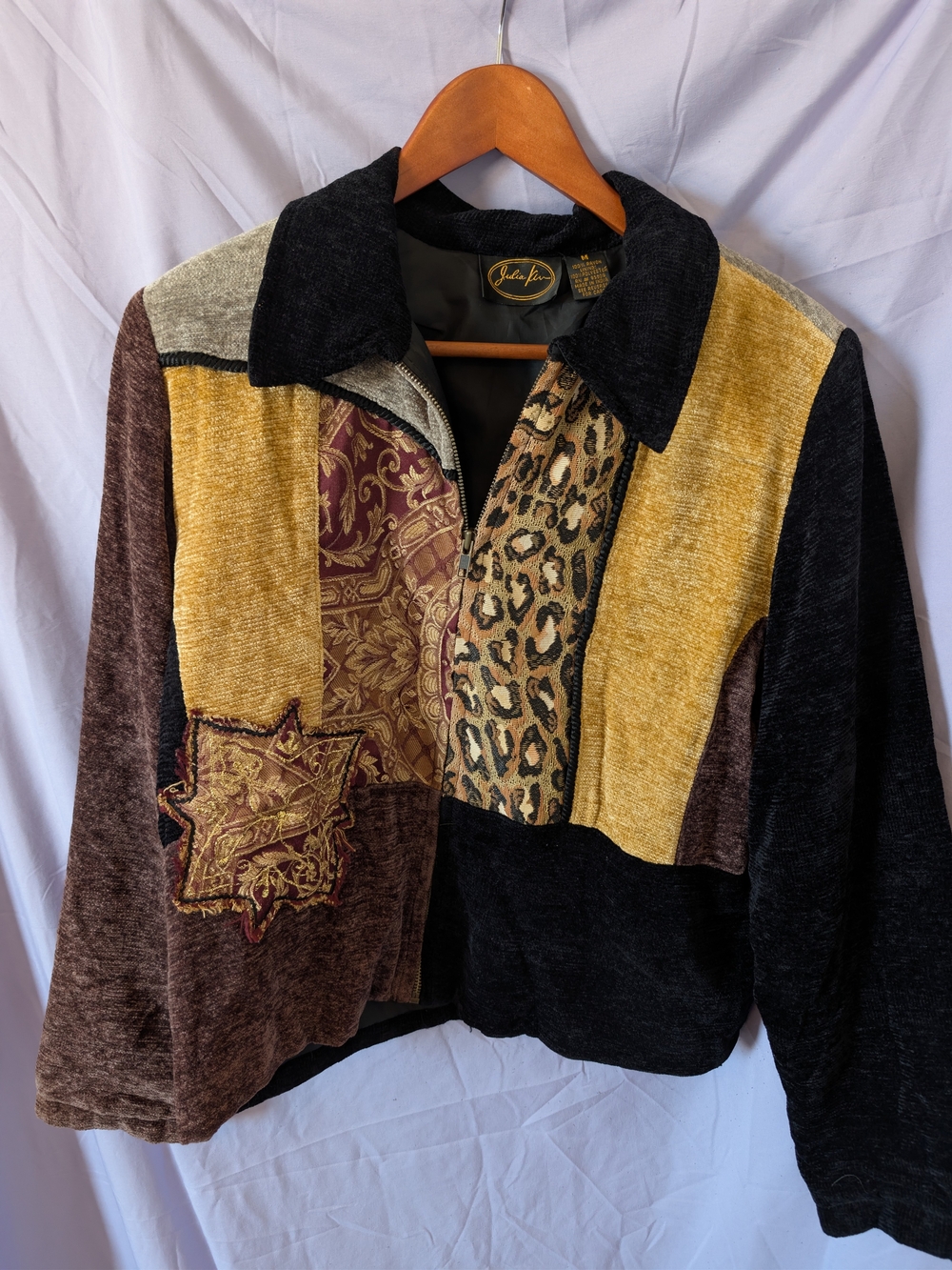 Julia Kim Patchwork Wearable Art Zip-Front Jacket In Multi Textured And Color